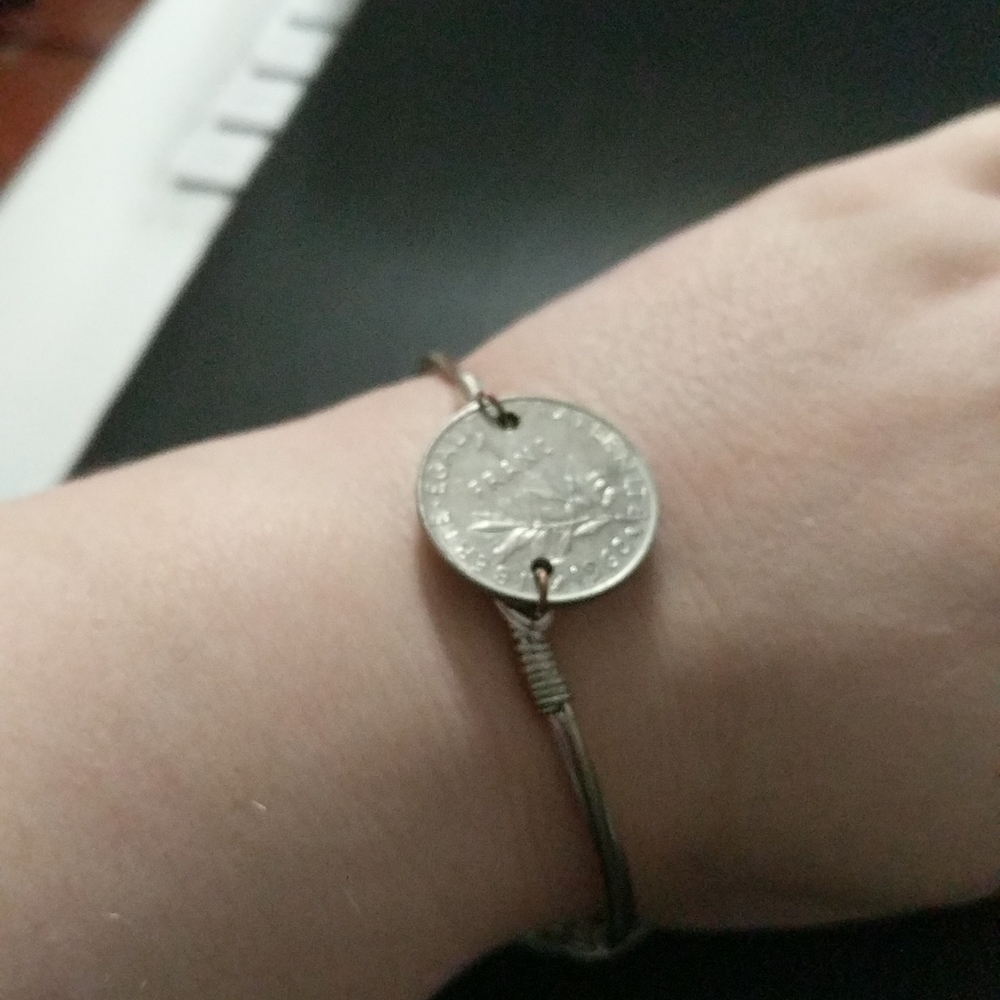 Silver Tone Coins Wire Wrapped Bangle Bracelet
